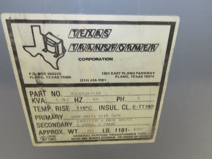 Texas E3-05267-10 Stepdown Power Transformer 5kva 3Ph HV 480 LV 230Y/133V 36V/CT