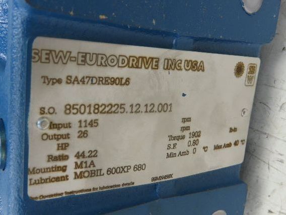 Sew Eurodrive SA47DRE90L6 Gearmotor 26rpm 44:1 1Hp 230/460V 3PH Hollow Shaft
