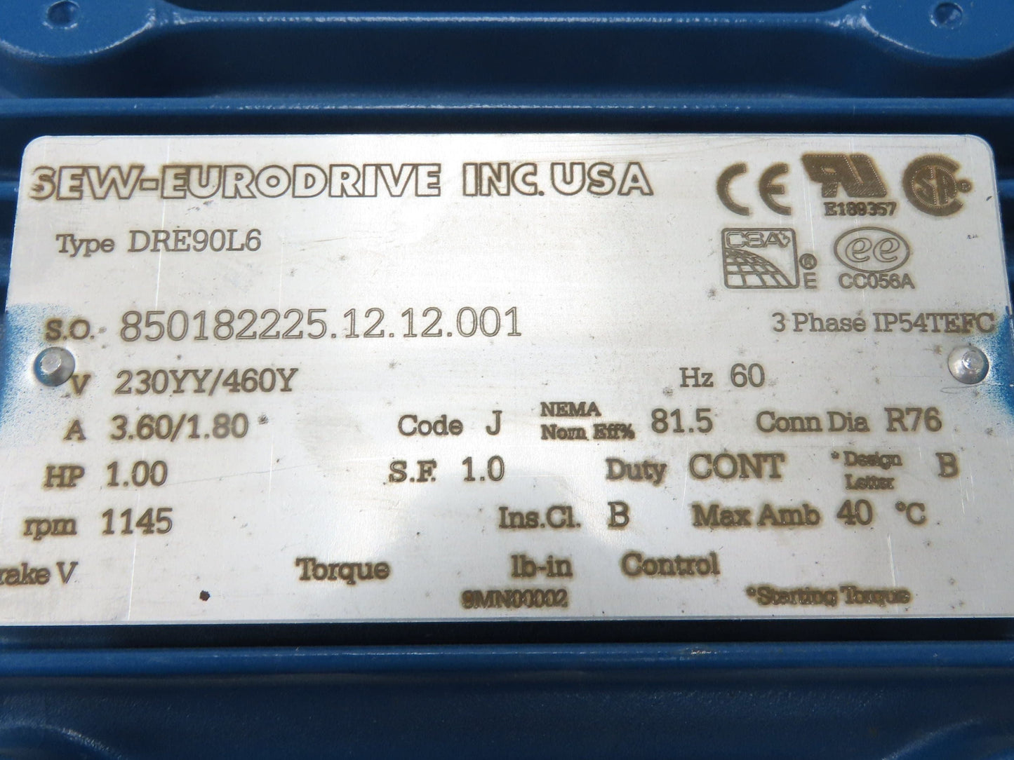 Sew Eurodrive SA47DRE90L6 Gearmotor 26rpm 44:1 1Hp 230/460V 3PH Hollow Shaft