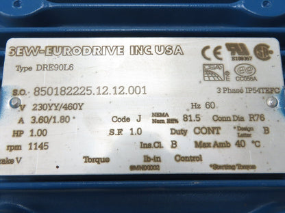 Sew Eurodrive SA47DRE90L6 Gearmotor 26rpm 44:1 1Hp 230/460V 3PH Hollow Shaft