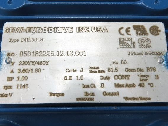 Sew Eurodrive SA47DRE90L6 Gearmotor 26rpm 44:1 1Hp 230/460V 3PH Hollow Shaft