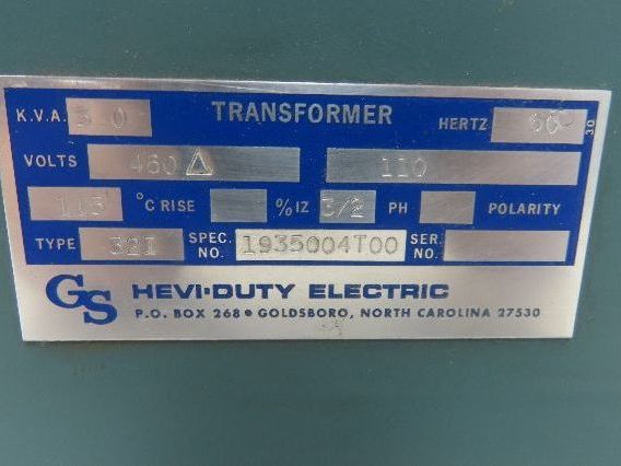 Hevi Duty 1935004T00 32I Stepdown Power Transformer 3KVA 1PH HV 460 LV 110