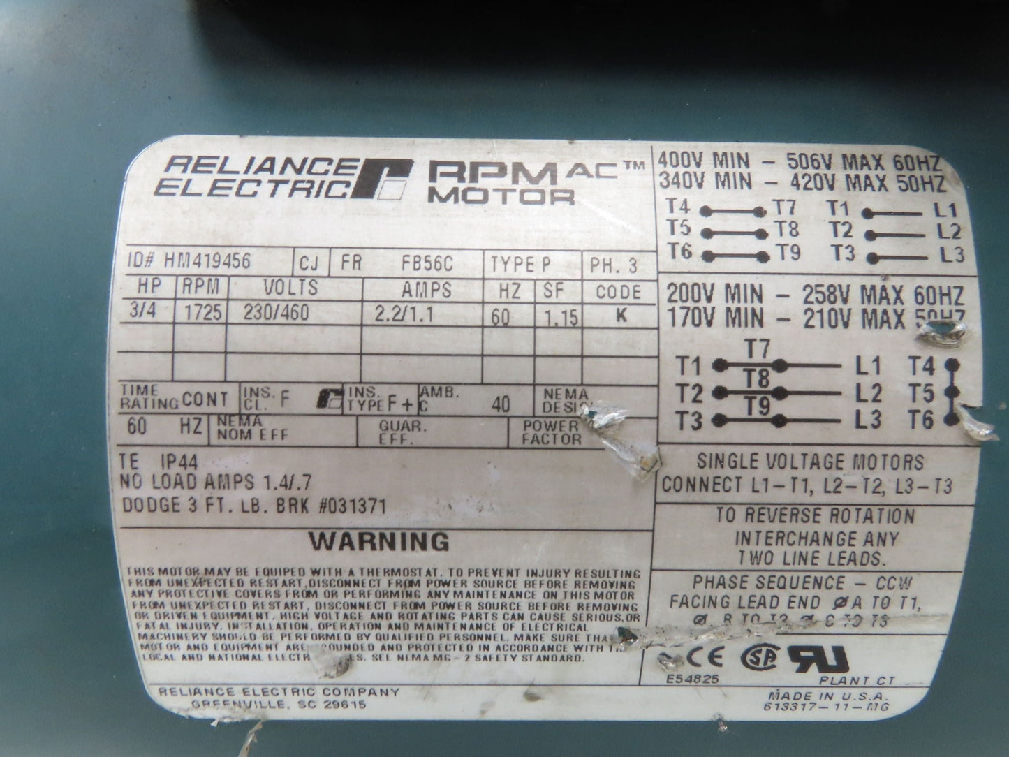 Reliance HM419456 Brake Motor 3/4Hp 1725rpm 230/460v 3Ph 56C-Face Dodge 031371