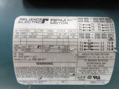 Reliance HM419456 Brake Motor 3/4Hp 1725rpm 230/460v 3Ph 56C-Face Dodge 031371
