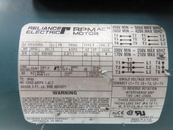 Reliance HM419456 Brake Motor 3/4Hp 1725rpm 230/460v 3Ph 56C-Face Dodge 031371