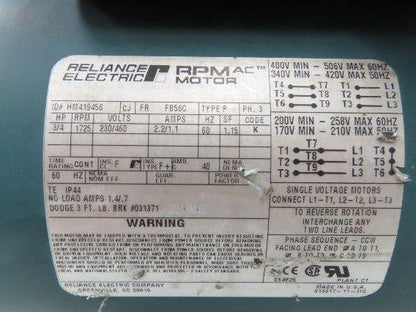 Reliance HM419456 Brake Motor 3/4Hp 1725rpm 230/460v 3Ph 56C-Face Dodge 031371