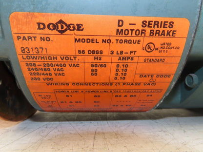 Reliance HM419456 Brake Motor 3/4Hp 1725rpm 230/460v 3Ph 56C-Face Dodge 031371