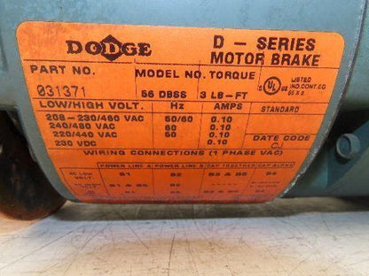 Reliance HM419456 Brake Motor 3/4Hp 1725rpm 230/460v 3Ph 56C-Face Dodge 031371