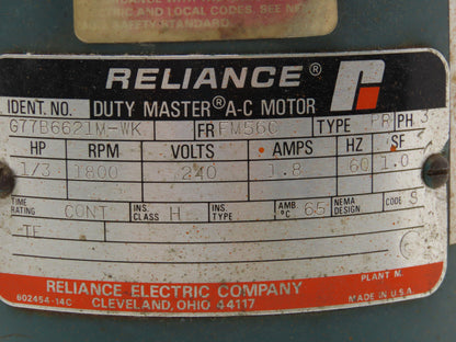 Reliance G77B6621M-WK AC Motor 1/3Hp 1800rpm 240v 3Ph FM56C Frame TE