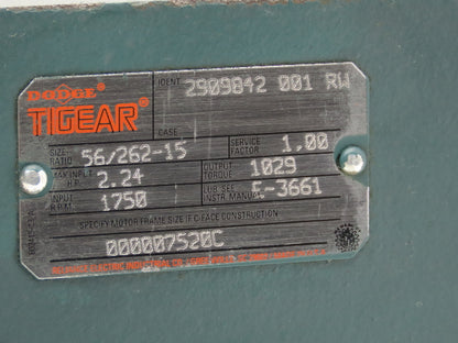 Dodge Tigear 56/262-15 Worm Gearbox 15:1 Reducer 117rpm 2.24Hp 56C RH Output