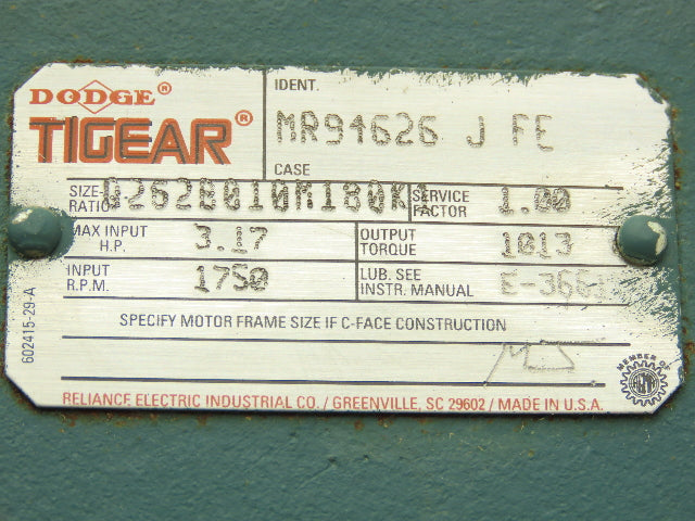 Dodge Tigear MR94626 Worm Gearbox 10:1 Reducer 175rpm 3Hp 180TC LH Output