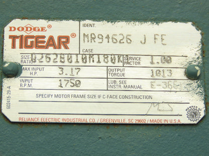 Dodge Tigear MR94626 Worm Gearbox 10:1 Reducer 175rpm 3Hp 180TC LH Output