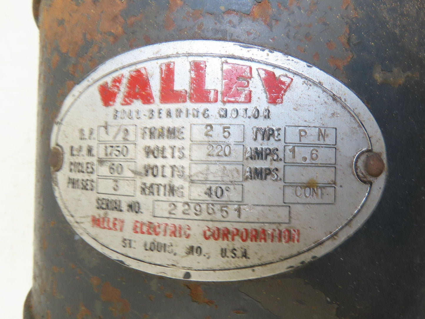 Valley PN Vintage AC Motor 1/2Hp 1750rpm 220/440v 3Ph 3/4" Shaft