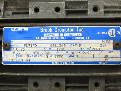 Brook Crompton AC Motor 1/4Hp 1700rpm 115v 60Hz IEC PD71FD Frame TEFC