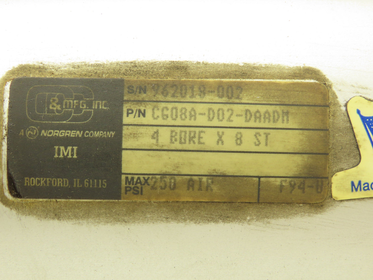 Norgren Pneumatic Air Cylinder 4" Bore 8" Stroke 250 PSI Bottom Tapped