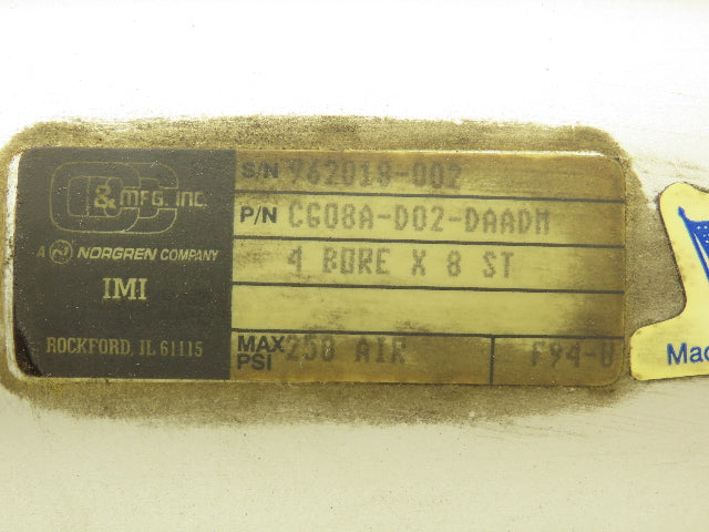 Norgren Pneumatic Air Cylinder 4" Bore 8" Stroke 250 PSI Bottom Tapped