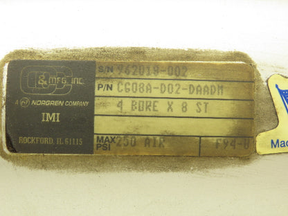 Norgren Pneumatic Air Cylinder 4" Bore 8" Stroke 250 PSI Bottom Tapped