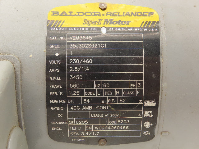 Baldor Reliance 35J302S921G1 AC Motor 1Hp 3450rpm 230/460v 3Ph 56C TEFC