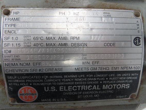 US Motors E056B AC Motor 1Hp 1774rpm 460v 3PH 182U Frame 7/8" Shaft TE
