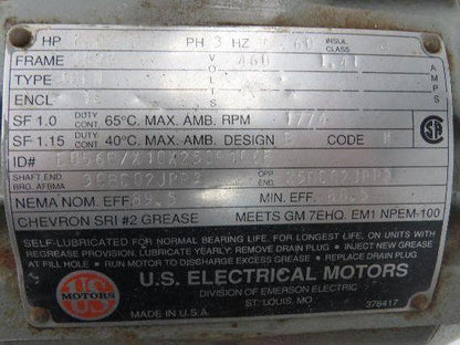 US Motors E056B AC Motor 1Hp 1774rpm 460v 3PH 182U Frame 7/8" Shaft TE
