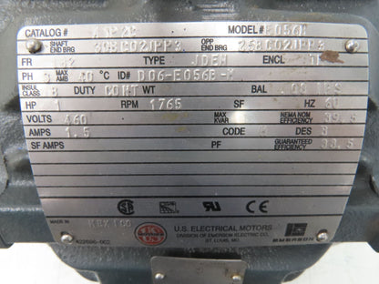 US Motors E056B AC Motor 1Hp 1765rpm 460v 182 Frame 7/8" Dia Shaft TE 1.5A