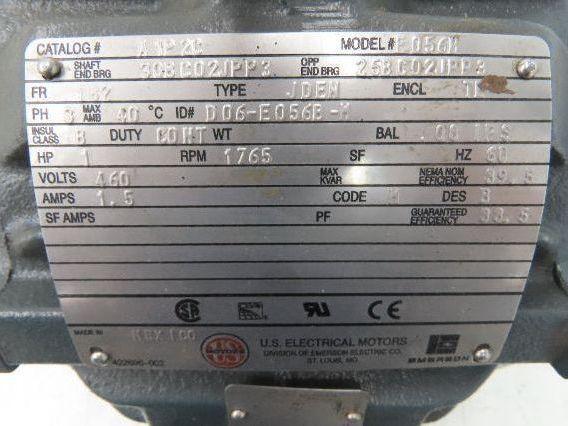 US Motors E056B AC Motor 1Hp 1765rpm 460v 182 Frame 7/8" Dia Shaft TE 1.5A