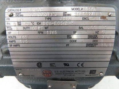 US Motors E056B AC Motor 1Hp 1765rpm 460v 182 Frame 7/8" Dia Shaft TE 1.5A