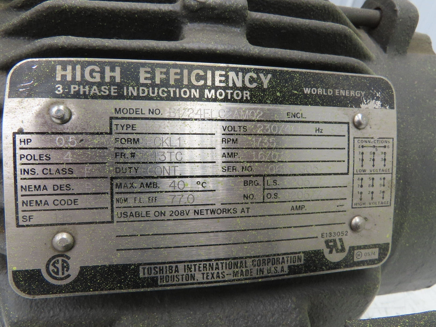 Toshiba B1/24ELC2AM02 AC Motor 1/2Hp 1735rpm 230/460v 3Ph 143TC Frame TENV