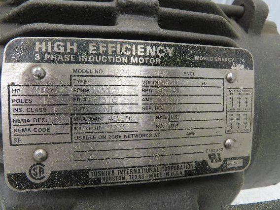 Toshiba B1/24ELC2AM02 AC Motor 1/2Hp 1735rpm 230/460v 3Ph 143TC Frame TENV