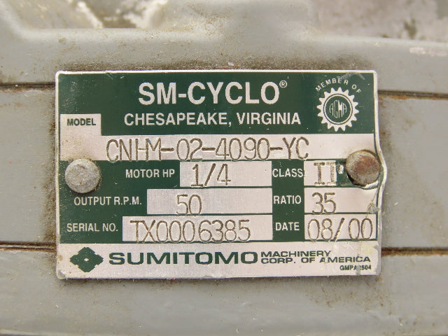 Sumitomo CNHM-02-4090-YC Inline Gear Motor 35:1 Reducer 50rpm 1/4Hp 230/460V 3PH
