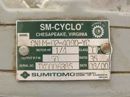 Sumitomo CNHM-02-4090-YC Inline Gear Motor 35:1 Reducer 50rpm 1/4Hp 230/460V 3PH