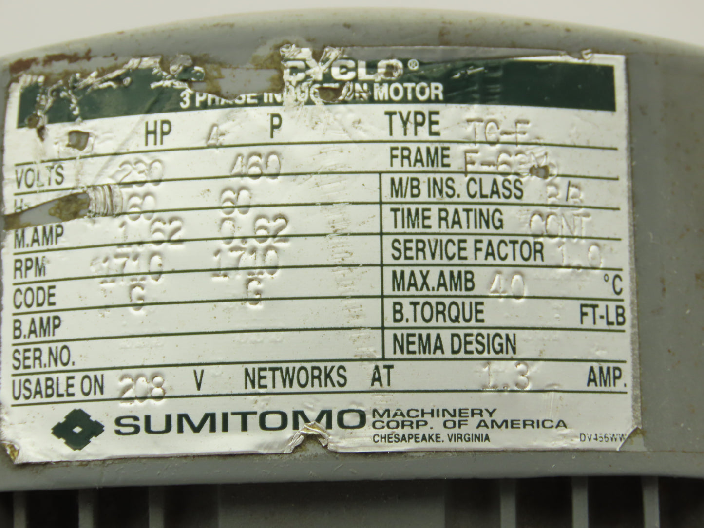 Sumitomo CNHM-02-4090-YC Inline Gear Motor 35:1 Reducer 50rpm 1/4Hp 230/460V 3PH