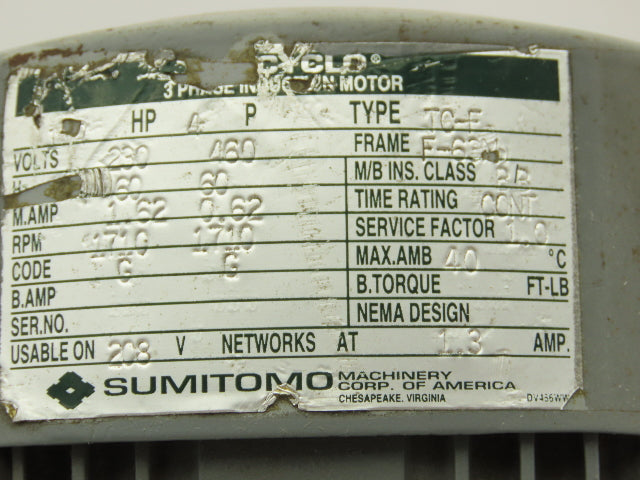 Sumitomo CNHM-02-4090-YC Inline Gear Motor 35:1 Reducer 50rpm 1/4Hp 230/460V 3PH