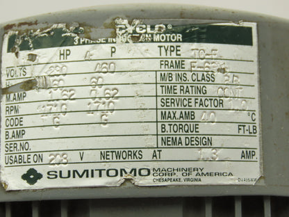 Sumitomo CNHM-02-4090-YC Inline Gear Motor 35:1 Reducer 50rpm 1/4Hp 230/460V 3PH