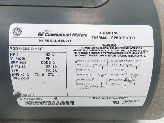 General Electric 5KCR49TN2164T AC Motor 2Hp 3450rpm 115/230v 1Ph 56J Frame TEFC