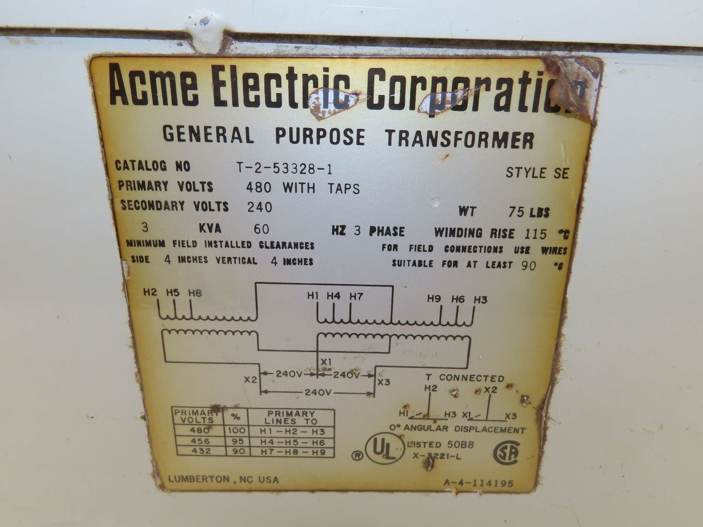 Acme T-2-53328-1 Stepdown Power Transformer 3KVA 1PH HV 480 LV 240V Wall Mount
