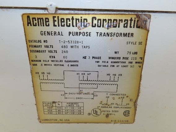 Acme T-2-53328-1 Stepdown Power Transformer 3KVA 1PH HV 480 LV 240V Wall Mount