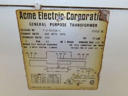 Acme T-2-53328-1 Stepdown Power Transformer 3KVA 1PH HV 480 LV 240V Wall Mount