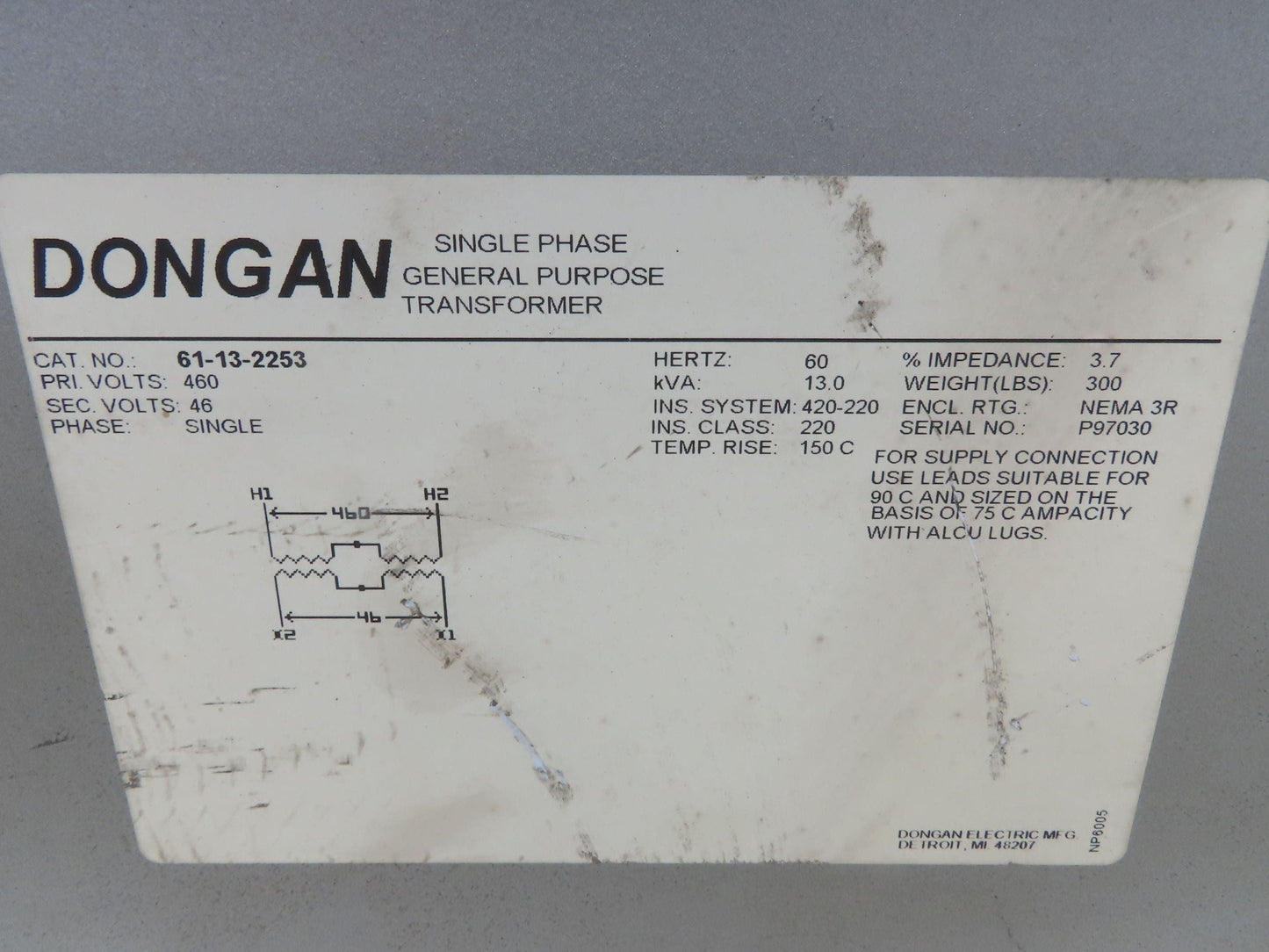 Dongan 61-23-2253 Stepdown AC Power Transformer 13kva 1Ph HV 460 LV 46