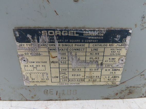 Sorgel 7S401 Stepdown Power Transformer 7.5kva 1Ph HV 480 LV 240/120