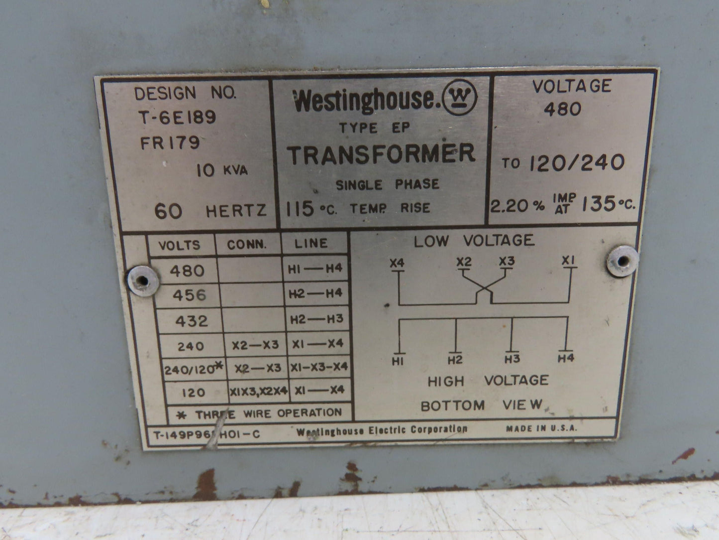 Westinghouse T-6E189 EP Stepdown Power Transformer 10KVA 1Ph HV 480 LV 120/240