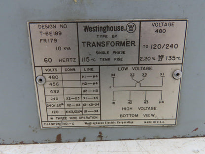 Westinghouse T-6E189 EP Stepdown Power Transformer 10KVA 1Ph HV 480 LV 120/240