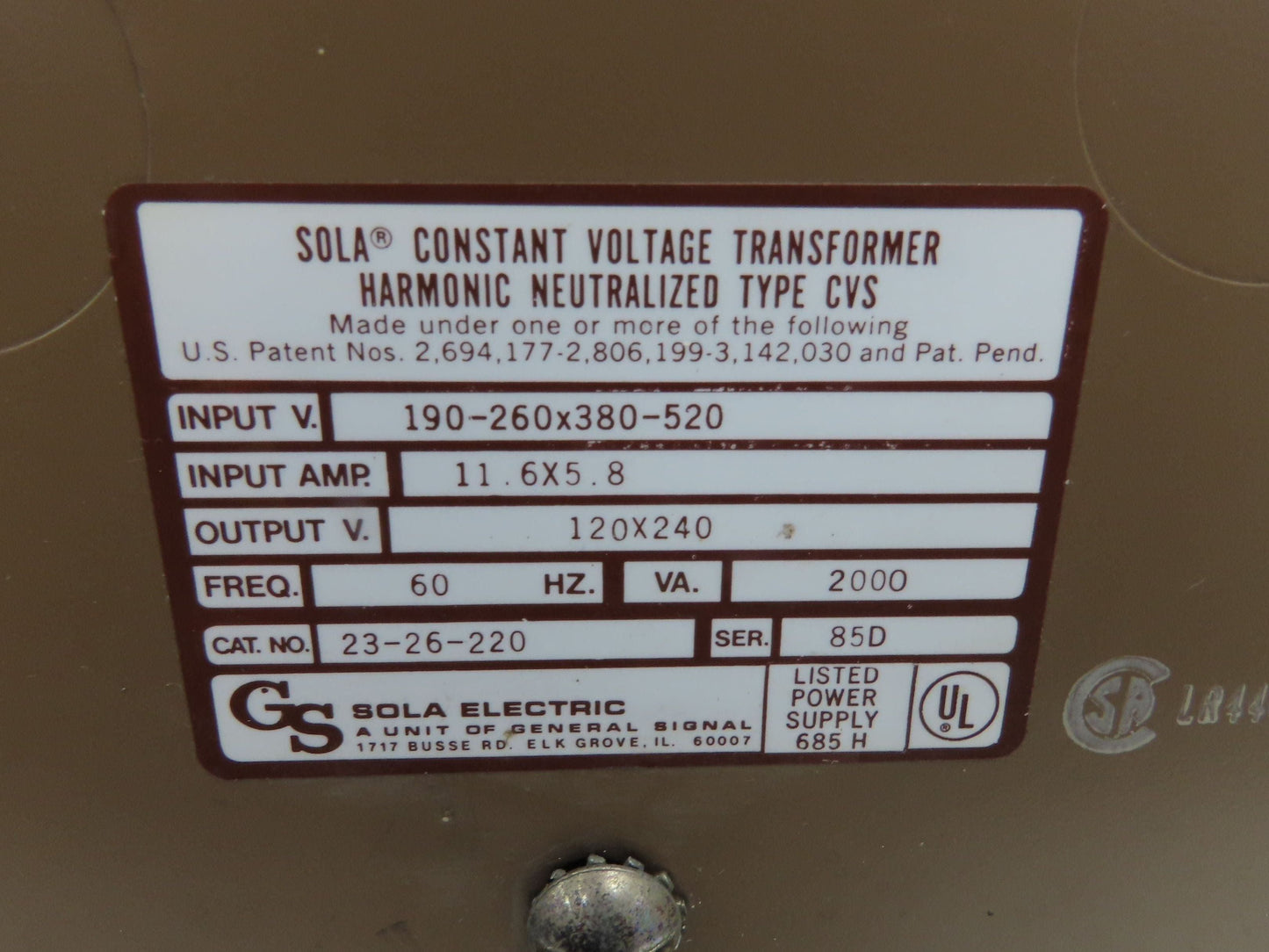 Sola 23-26-220 Constant Voltage Transformer 2kva 2000va HV 240/480 LV 120/240