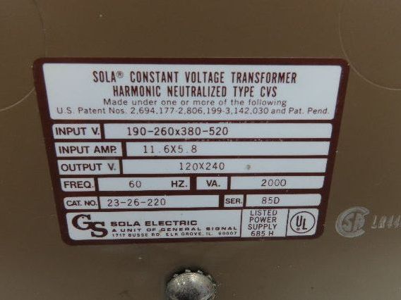 Sola 23-26-220 Constant Voltage Transformer 2kva 2000va HV 240/480 LV 120/240