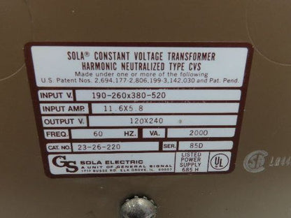 Sola 23-26-220 Constant Voltage Transformer 2kva 2000va HV 240/480 LV 120/240