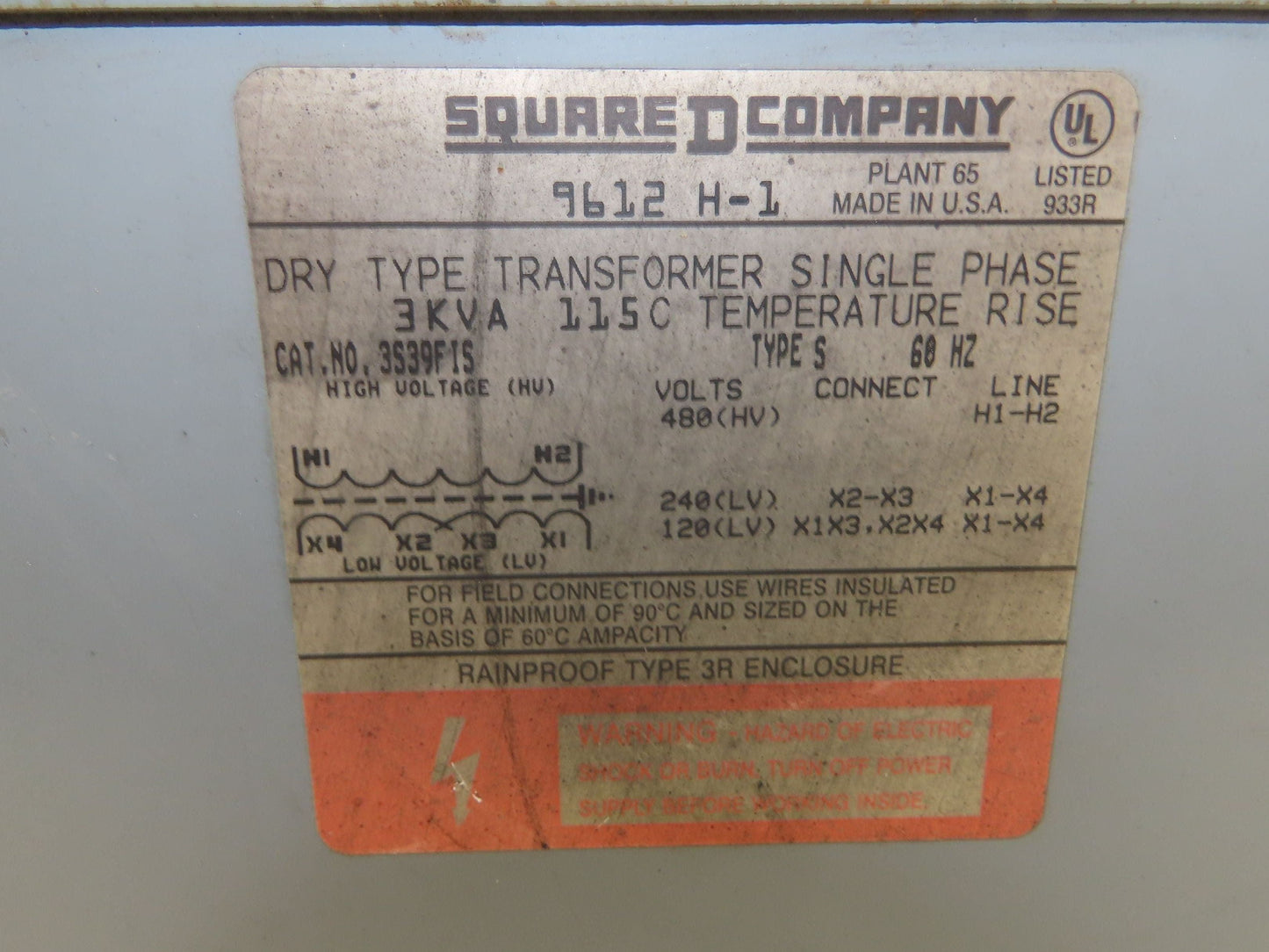 Square D 3S39FIS Single Phase Transformer 3KVA HV 480 LV 120/240V 1PH Type 3R