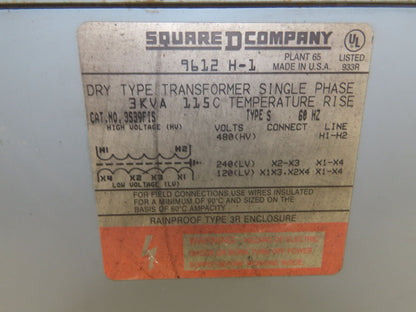 Square D 3S39FIS Single Phase Transformer 3KVA HV 480 LV 120/240V 1PH Type 3R