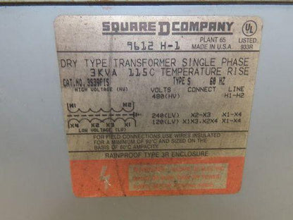 Square D 3S39FIS Single Phase Transformer 3KVA HV 480 LV 120/240V 1PH Type 3R