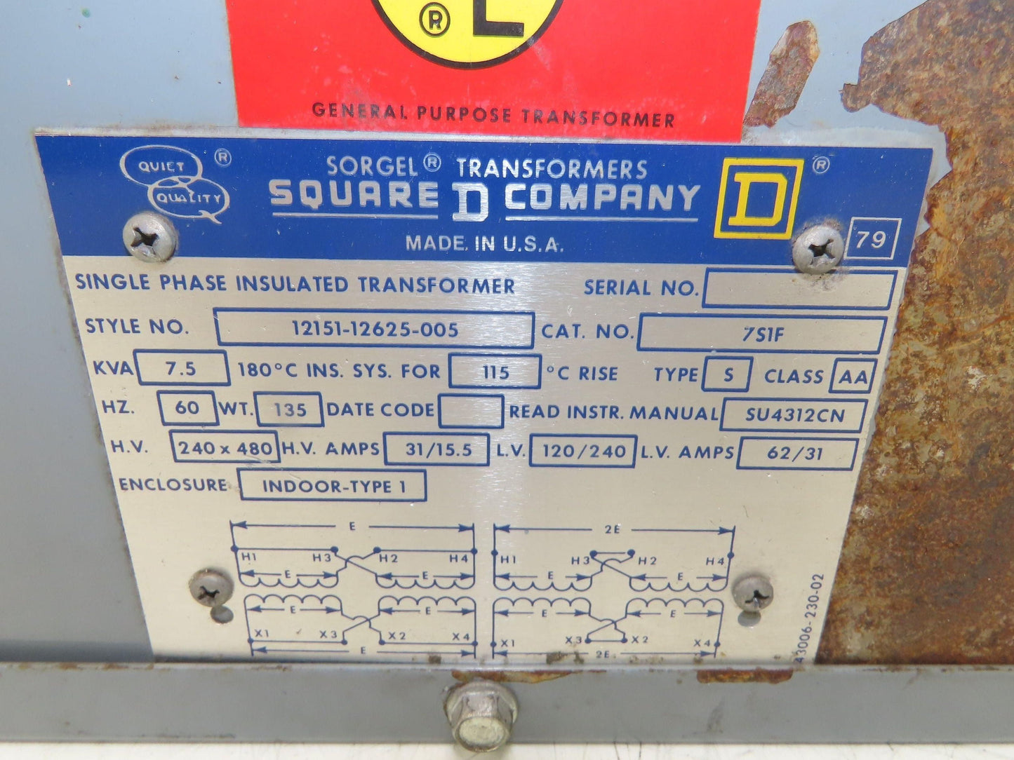 Square D 7S1F Stepdown Power Transformer 7.5kVA 1Ph HV 240/480V LV 120/240V 3R