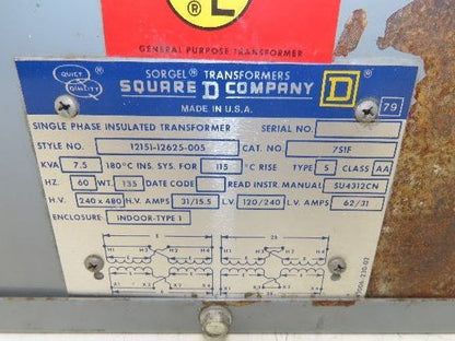 Square D 7S1F Stepdown Power Transformer 7.5kVA 1Ph HV 240/480V LV 120/240V 3R